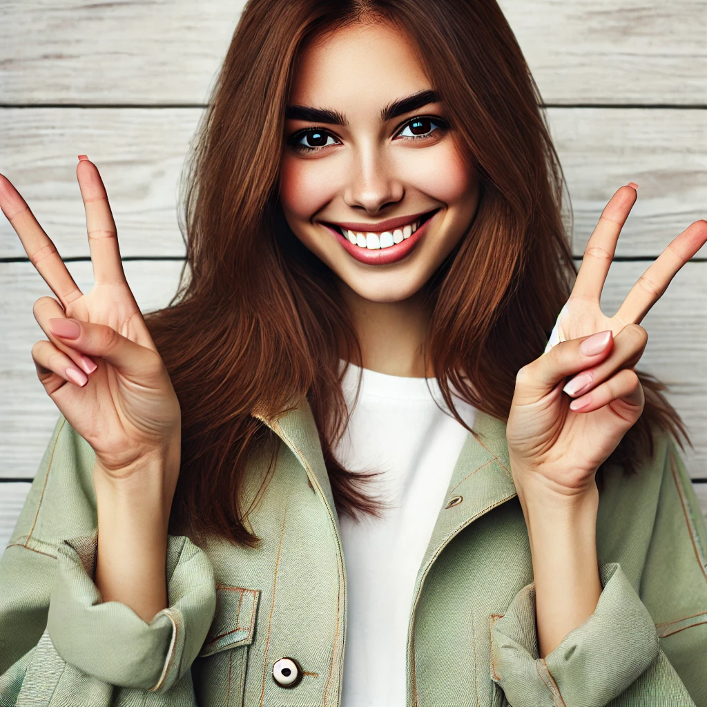 DALL·E 2024-09-10 09.10.55 - A portrait of a young woman with long brown hair smiling and holding up two peace signs near her face, wearing a light green jacket over a white shirt