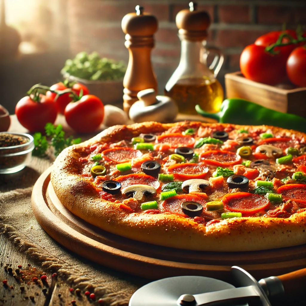 DALL·E 2024-09-10 19.54.53 - A side view of a freshly baked pizza on a wooden serving board. The pizza is slightly tilted to show the crust and toppings, including pepperoni, mush