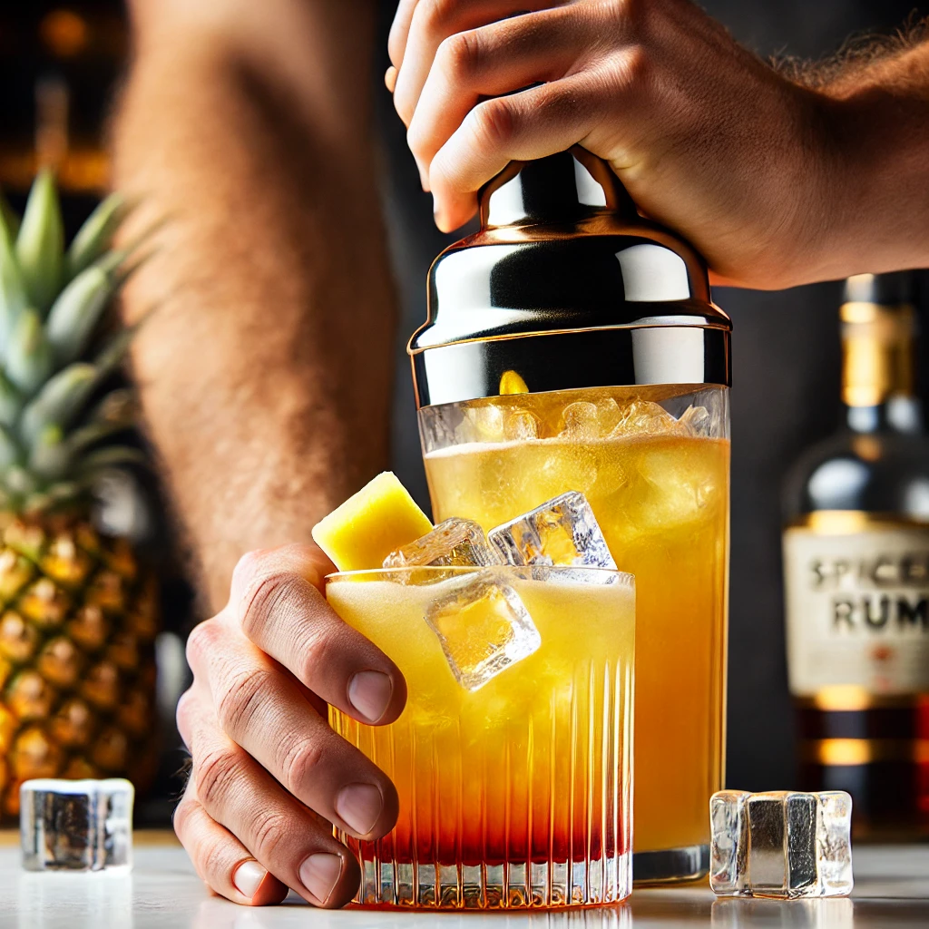 DALL·E 2024-09-11 14.11.24 - A close-up view of a hand holding a cocktail shaker filled with a mixture of pineapple juice, orange juice, spiced rum, coconut rum, and grenadine. Th